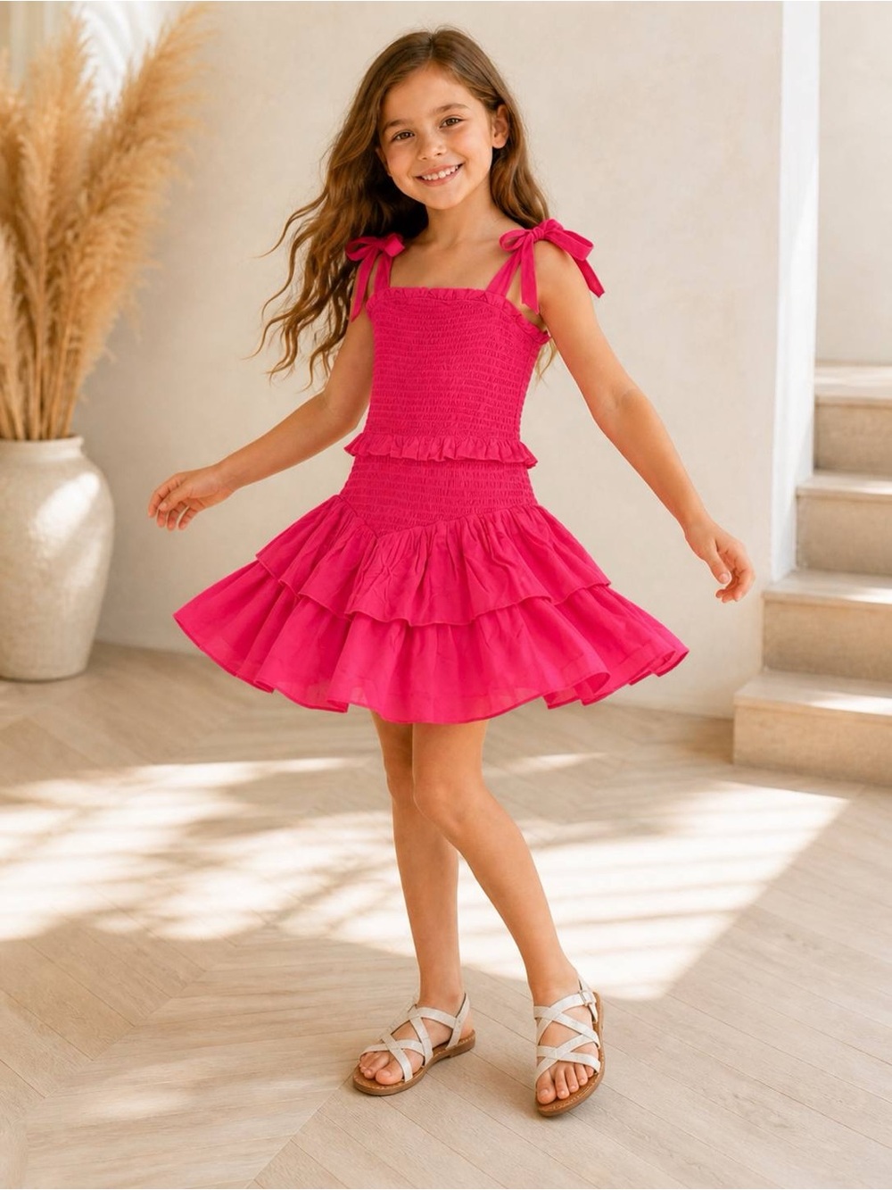 Katie J NYC Girls Emerson Smocked Tiered Mini Dress S Hot Pink Tie Strap NWT